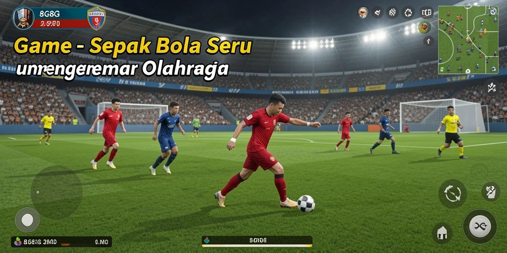 Screenshot dari gameplay penuh aksi dalam 8G8G, menampilkan pemain dan stadion.