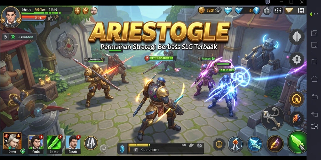 Tampilan gameplay mendalam dari ARIESTOGEL yang menunjukkan pertarungan strategi.