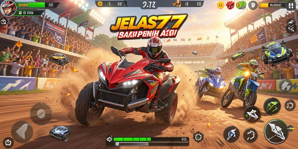 Tampilan gameplay seru dari JELAS777 saat mobil melaju kencang di lintasan balap.