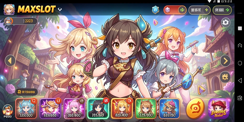 Tampilan gameplay utama MAXSLOT dengan karakter Anime yang menakjubkan.