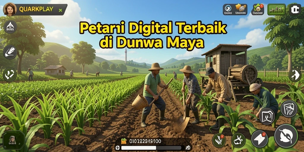 Screenshot gameplay QUARKPLAY menampilkan ladang yang subur dan hewan ternak.