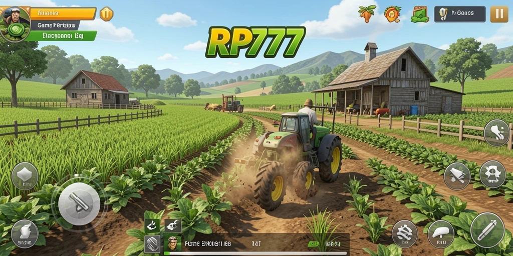 Tampilan gameplay RP777 yang menarik dengan ladang penuh tanaman.