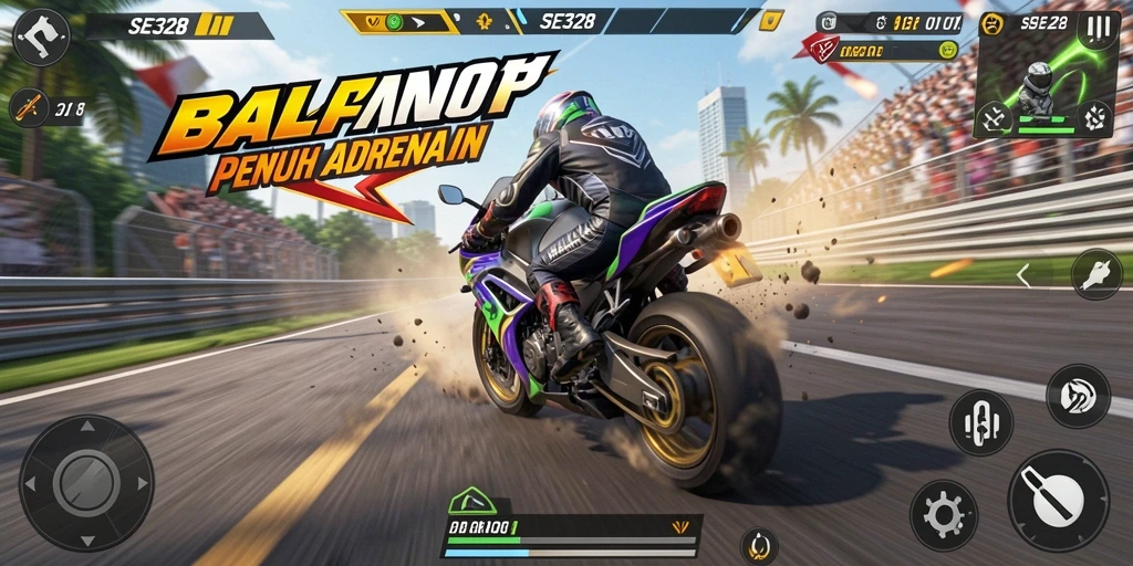 Screenshot gameplay SE328 menampilkan aksi balapan motor yang mendebarkan.